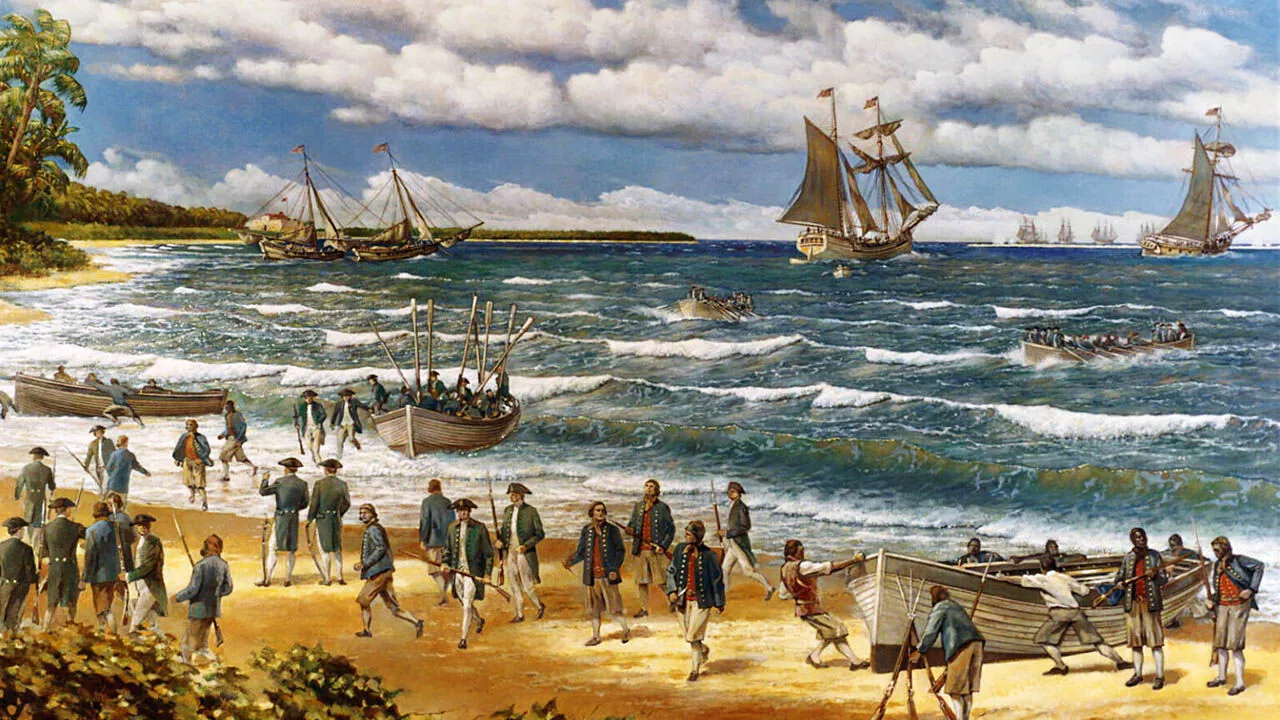 Painting of Continental Marines landing at New Providence, 1776