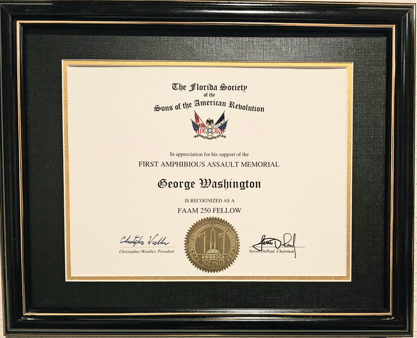 Certificate of Appreciation recognizing George Washington as a FAAM 250 Fellow
