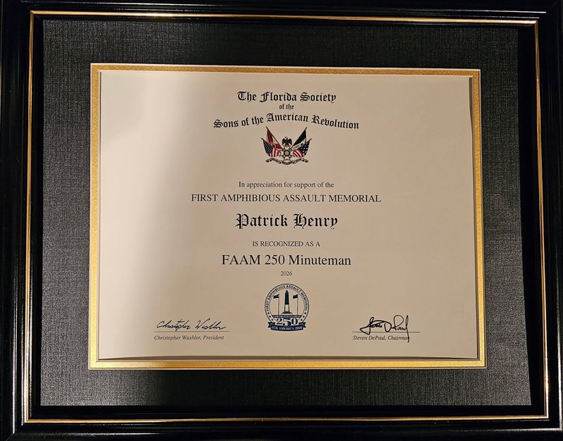 Certificate of Appreciation recognizing Patrick Henry as a FAAM 250 Minuteman