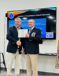 Compatriot Joe Dato (left) receiving Minuteman Certificate from Robbie Robinson (right) at Tampa SAR Chapter meeting