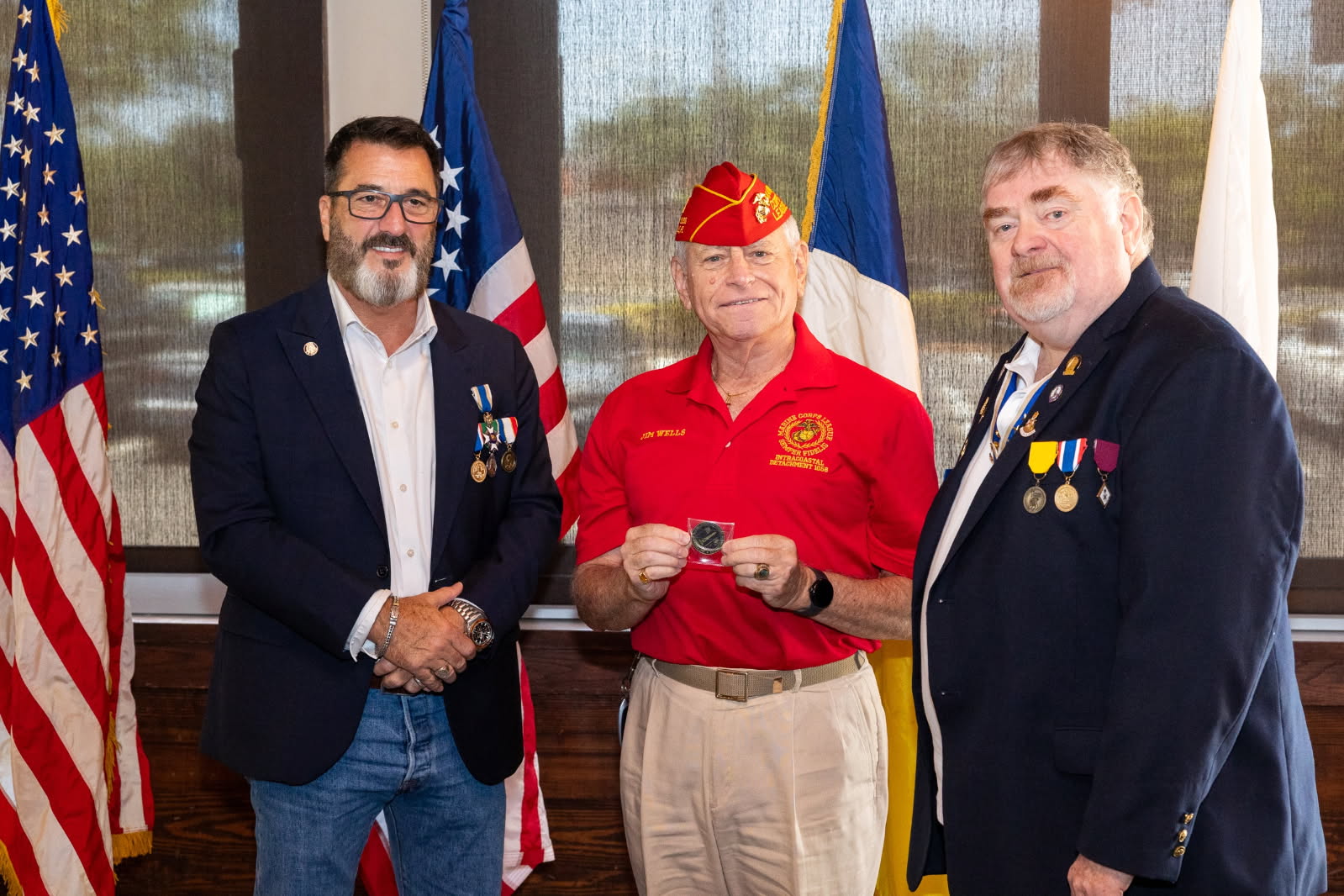 Presentation of FAAM 250 Challenge coin to Jim Wells(Middle), MCL,  by Chuck Adams Right and FAAM Chair(Left). Photos taken by Al Evans, FTLSAR compatriot