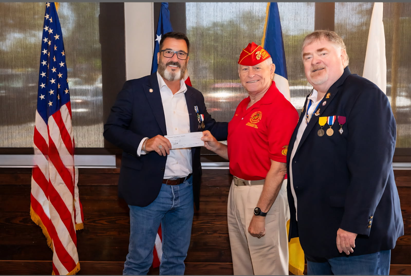 Jim Wells(Middle) presenting donation for MCL Intracoastal Det 1058 to FAAM Chair (Left) with Chuck Adams(Right). Photos taken by Al Evans, FTLSAR compatriot